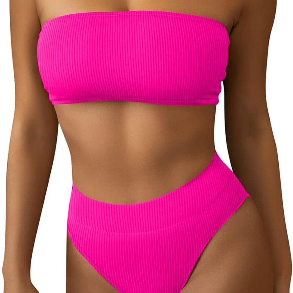 NWOT Pink Queen Women's Ribbed High Waisted Bikini Set Removable Straps Swimsuit - Picture 3 of 5